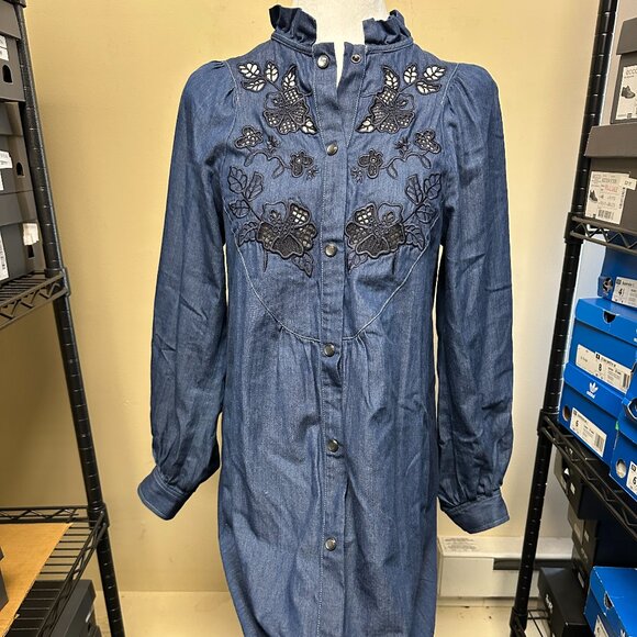 NWT! Coach Chambray Denim Embroidered Floral Shirt Dress Pockets Western Boho 0 - Picture 7 of 12